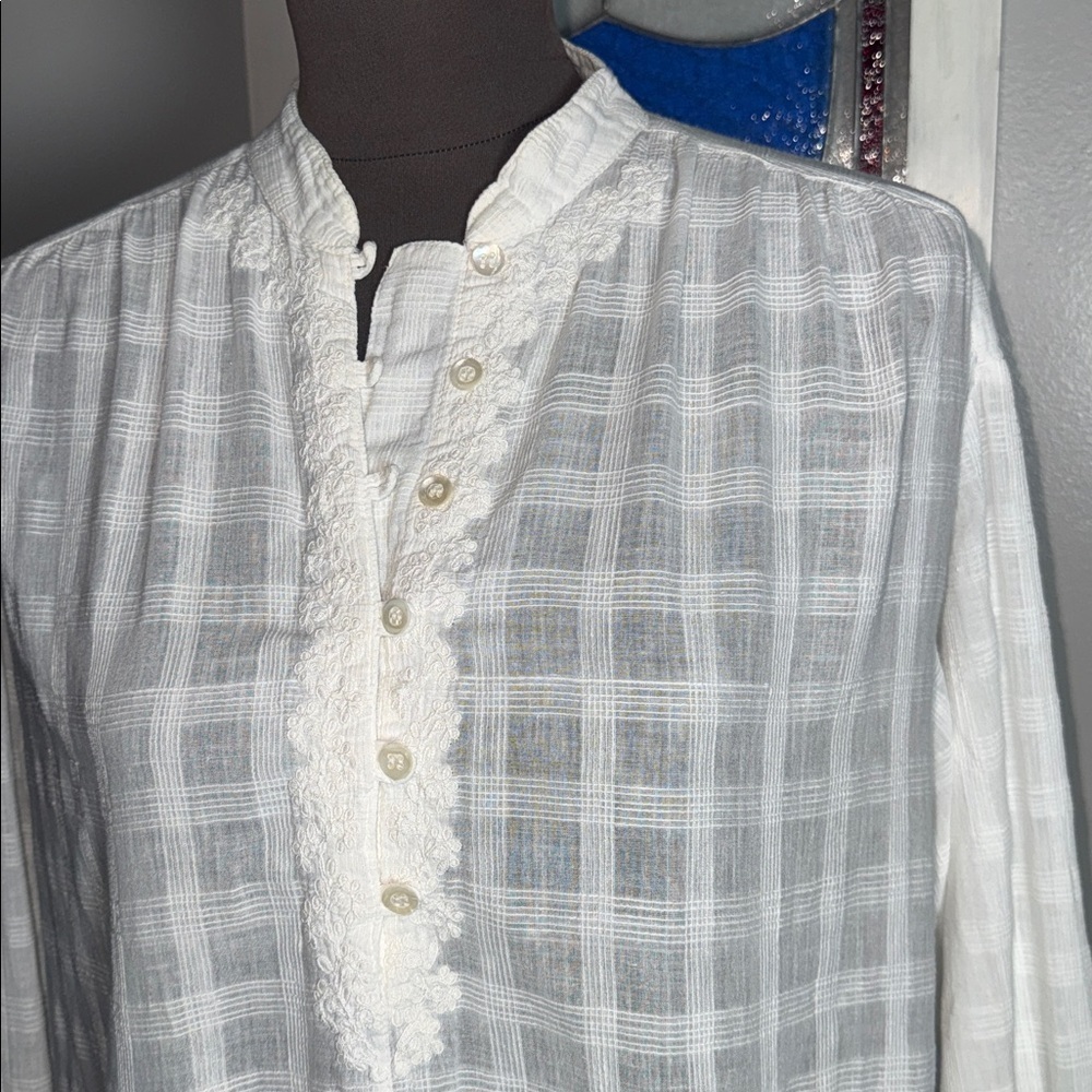 VTG April Cornell White Gauze Lace Trim Tunic Blouse SZ M - Picture 2 of 10